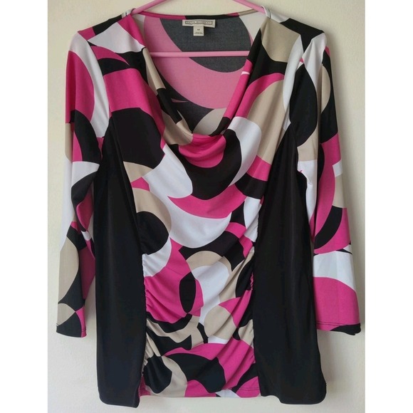 Dana‎ Buchman Women's 3/4 Sleeve Geometric Print Top Cowl Neck Size M Black/Pink - Picture 1 of 5